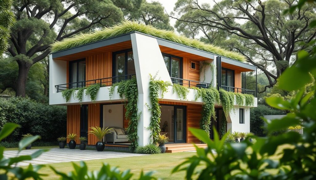 A modern two-story house with a lush green roof, surrounded by a harmonious blend of natural materials. In the foreground, a well-crafted facade features a combination of warm wood panels and sleek, angular white walls, creating a visually striking contrast. Midground showcases strategically placed potted plants and climbing vines, softening the edges and seamlessly integrating the architecture with the greenery. The background depicts a serene, parklike setting with mature trees and a calming, diffused natural light, setting the stage for a tranquil, eco-friendly living experience. A modern two-story house with a lush green roof, surrounded by a harmonious blend of natural materials. In the foreground, a well-crafted facade features a combination of warm wood panels and sleek, angular white walls, creating a visually striking contrast. Midground showcases strategically placed potted plants and climbing vines, softening the edges and seamlessly integrating the architecture with the greenery. The background depicts a serene, parklike setting with mature trees and a calming, diffused natural light, setting the stage for a tranquil, eco-friendly living experience.