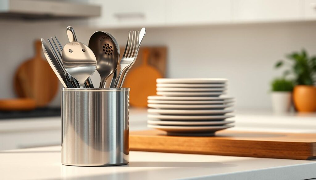 A modern, well-organized kitchen counter with a sleek, minimalist utensil holder placed prominently in the foreground. The holder features various types of stainless steel cutlery neatly arranged, creating a sense of order and accessibility. The lighting is soft and warm, illuminating the metal surfaces and creating gentle shadows that add depth and dimension to the scene. In the middle ground, there are clean, white ceramic plates stacked neatly, complementing the utilitarian aesthetic. The background is blurred, but suggests a bright, airy kitchen environment, with hints of natural wood accents and clean, white cabinetry. The overall mood is one of calm efficiency and practicality, reflecting the idea of "safe, within-reach storage" for kitchen utensils. A modern, well-organized kitchen counter with a sleek, minimalist utensil holder placed prominently in the foreground. The holder features various types of stainless steel cutlery neatly arranged, creating a sense of order and accessibility. The lighting is soft and warm, illuminating the metal surfaces and creating gentle shadows that add depth and dimension to the scene. In the middle ground, there are clean, white ceramic plates stacked neatly, complementing the utilitarian aesthetic. The background is blurred, but suggests a bright, airy kitchen environment, with hints of natural wood accents and clean, white cabinetry. The overall mood is one of calm efficiency and practicality, reflecting the idea of "safe, within-reach storage" for kitchen utensils.