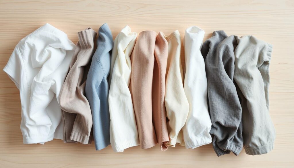 A neatly organized arrangement of various clothing materials, including cotton, linen, and polyester fabrics, displayed on a clean, minimalist wooden surface. The materials are shown in a variety of textures, colors, and patterns, creating a visually appealing and informative composition. Soft, diffused lighting from above casts gentle shadows, highlighting the intricate details and weaves of the fabrics. The overall scene conveys a sense of order, practicality, and attention to detail, reflecting the theme of organizing and storing clothing efficiently. A neatly organized arrangement of various clothing materials, including cotton, linen, and polyester fabrics, displayed on a clean, minimalist wooden surface. The materials are shown in a variety of textures, colors, and patterns, creating a visually appealing and informative composition. Soft, diffused lighting from above casts gentle shadows, highlighting the intricate details and weaves of the fabrics. The overall scene conveys a sense of order, practicality, and attention to detail, reflecting the theme of organizing and storing clothing efficiently.