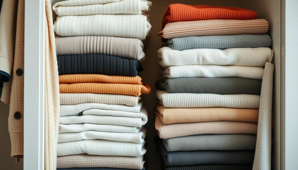 A neatly organized wardrobe, with carefully folded garments arranged in a visually appealing manner. The image showcases a selection of clothing items, such as sweaters, shirts, and pants, each meticulously stacked and separated by type and color. The lighting is soft and diffused, casting a warm glow over the scene, highlighting the textures and patterns of the fabrics. The composition emphasizes the practicality and efficiency of the storage solution, with a sense of balance and symmetry that is both aesthetically pleasing and functional. The overall atmosphere conveys a sense of calm, order, and control, reflecting the "practical tips for clothing organization" theme.
