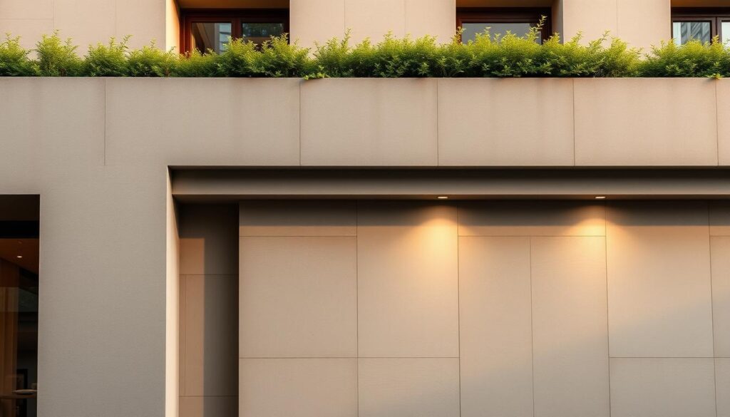 A serene, neutral-toned facade with a harmonious blend of soft grays, warm beiges, and muted earth tones. The textured surface of the building's exterior reflects the natural surroundings, creating a sense of tranquility and integration with the environment. Subtle architectural details, such as clean lines and minimalist accents, add to the overall elegance and sophistication of the design. Warm, diffused lighting gently illuminates the facade, casting a gentle glow and highlighting the tactile qualities of the materials used. The image conveys a sense of timeless, understated beauty that complements the lush, verdant green roof above, creating a visually striking and cohesive composition.