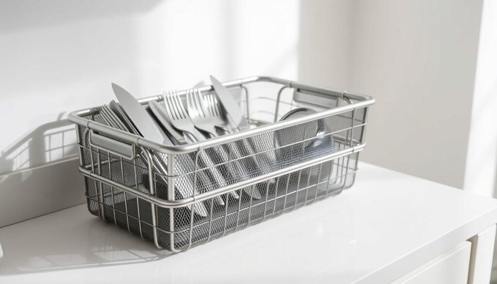A sleek, modern cutlery basket resting on a pristine kitchen counter, its smooth metal frame and woven mesh design creating a visually appealing and functional storage solution. The basket is well-organized, with different compartments for various utensils, knives, and forks, allowing for easy access and efficient arrangement. Soft, directional lighting casts subtle shadows, highlighting the basket's clean lines and elevating the overall aesthetic. The surrounding environment is minimalist and uncluttered, with a neutral color palette that complements the basket's modern, utilitarian appearance. The image conveys a sense of order, practicality, and thoughtful design, perfectly suited to illustrate the "Alternatives: cutlery basket or drawer?" section of the article.