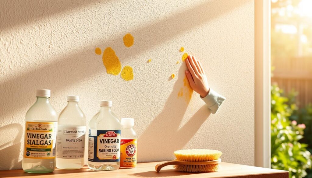 A sun-dappled exterior wall, stained with splotches of dried egg yolk. In the foreground, a selection of household cleaning solutions - vinegar, baking soda, and a natural scrubbing brush - stand ready to tackle the stubborn marks. The middle ground reveals a homeowner, sleeves rolled up, carefully applying the solutions with a gentle, methodical touch. Soft, diffused lighting casts a warm, inviting glow, while the background hints at a well-maintained garden, suggesting a peaceful, domestic scene. The overall mood is one of calm problem-solving, with the image conveying the effectiveness of simple, homemade remedies for removing unsightly stains from exterior surfaces. A sun-dappled exterior wall, stained with splotches of dried egg yolk. In the foreground, a selection of household cleaning solutions - vinegar, baking soda, and a natural scrubbing brush - stand ready to tackle the stubborn marks. The middle ground reveals a homeowner, sleeves rolled up, carefully applying the solutions with a gentle, methodical touch. Soft, diffused lighting casts a warm, inviting glow, while the background hints at a well-maintained garden, suggesting a peaceful, domestic scene. The overall mood is one of calm problem-solving, with the image conveying the effectiveness of simple, homemade remedies for removing unsightly stains from exterior surfaces.