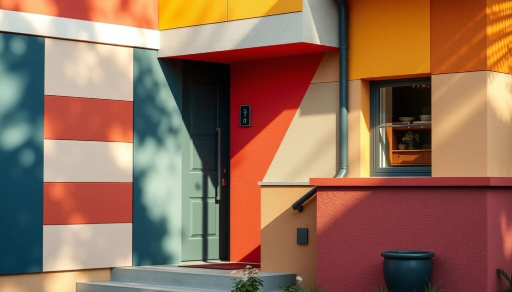 A vibrant exterior wall with harmonious color combinations, showcasing a thoughtful blend of complementary hues. The facade is bathed in warm, natural lighting, creating a welcoming atmosphere. The composition features a balanced arrangement of geometric shapes and textures, suggesting a sophisticated and visually striking design. The colors flow seamlessly, creating a cohesive and visually appealing palette that would inspire and guide homeowners in their own exterior color selection. The image captures the essence of the article's subject, providing a practical and inspirational visual reference for the section on "Jak łączyć kolory na elewacji".