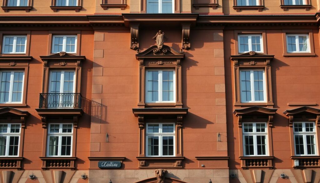 A well-designed architectural façade with a harmonious color scheme, showcasing a classic European style. A stately, symmetrical building with ornate details and elegant windows. The warm, earthy tones of the stone or brick contrast beautifully with the rich, saturated hues of the trim and accents. Crisp shadows define the architectural features, creating depth and dimension. Soft, diffused lighting illuminates the scene, casting a welcoming, timeless ambiance. The composition emphasizes the building's balanced proportions and timeless elegance, inspiring ideas for complementary color palettes on residential or commercial structures.