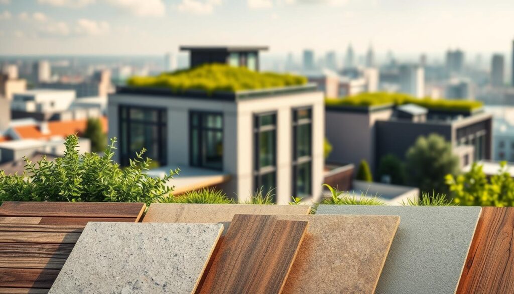 A well-lit and detailed composition showcasing an array of high-quality exterior finishing materials for a green roof project. In the foreground, an assortment of textured samples including natural stone tiles, wooden siding, and fiber-cement panels in neutral tones. In the middle ground, an elegant, modern building facade with a lush, verdant rooftop garden. The background features a soft, blurred cityscape setting, conveying a sense of sustainable urban living. The overall mood is one of sophistication, eco-friendliness, and attention to detail in architectural design.
