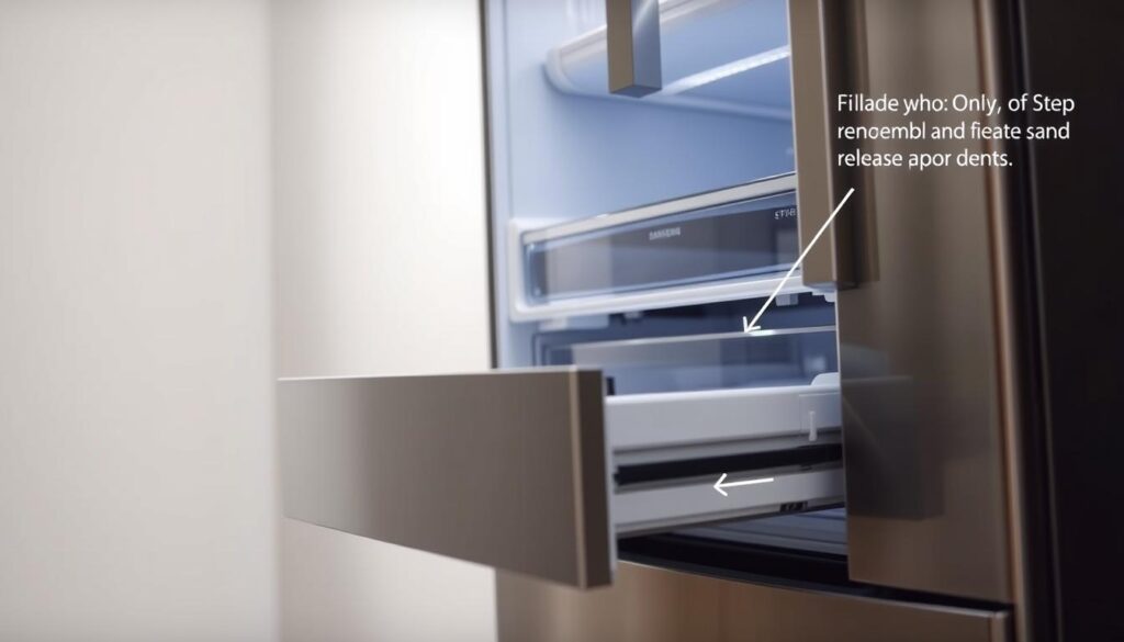 A well-lit close-up of a Samsung refrigerator's interior, showcasing the removable drawer against a clean, minimalist backdrop. The drawer is partially open, revealing its inner components and construction. The image should convey a sense of instructional clarity, guiding the viewer through the step-by-step process of disassembling the drawer. Lighting should be soft and diffused, creating an inviting and informative atmosphere. The camera angle should be positioned at eye level, providing a clear and accessible view of the drawer's mechanism. Technical details, such as the drawer's locking mechanism and release points, should be visible but not overpowering the overall composition.