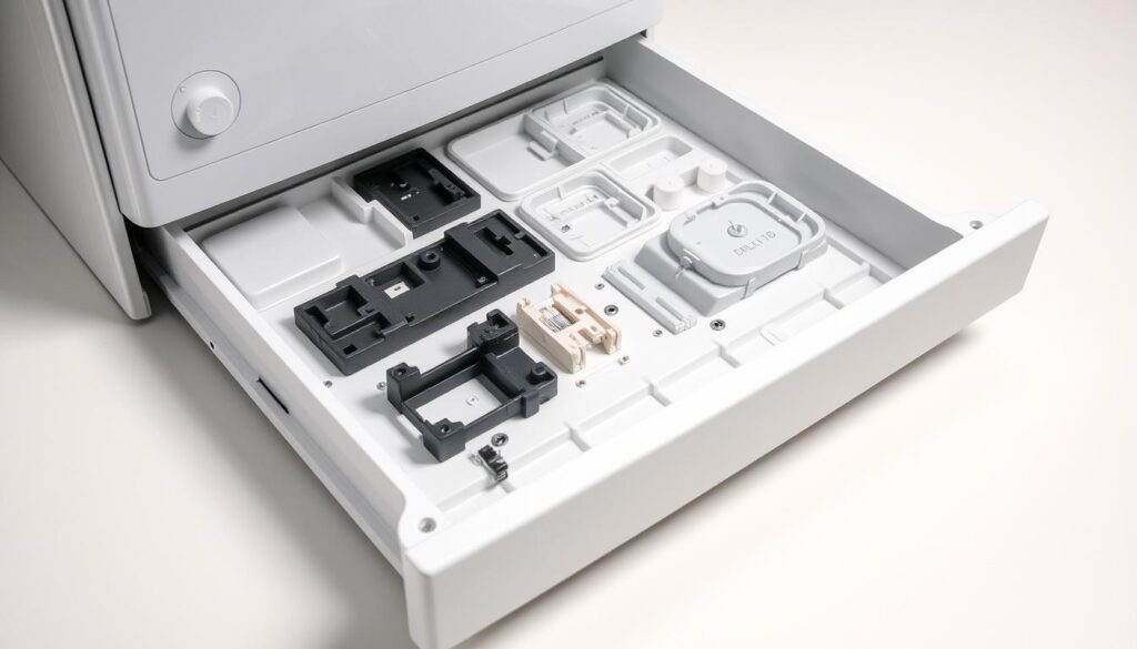 A well-lit, close-up shot of a partially disassembled refrigerator drawer from an Indesit model, showcasing the individual components that can be replaced. The drawer is placed on a clean, neutral surface, allowing the viewer to clearly see the various plastic and metal parts that make up its structure. The lighting is soft and even, revealing the textures and details of the components. The composition emphasizes the accessibility and modularity of the drawer's design, inviting the viewer to understand the process of repairing or replacing damaged elements. The overall mood is one of informative clarity, guiding the viewer through the steps of maintaining this common household appliance.