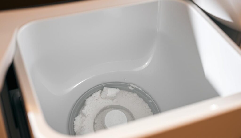 A well-lit, close-up shot of a washing machine detergent drawer, gently opened to reveal a collection of visual cues indicating it's time for a thorough cleaning. The drawer's interior surfaces are coated with a light film of residue, while a few small clumps of dried detergent cling to the edges. The lighting is soft and diffuse, casting a warm, inviting tone that emphasizes the need for maintenance. The composition places the drawer centrally, filling the frame and drawing the viewer's attention to the subtle signs that signal the importance of regular drawer cleaning for optimal washing machine performance.