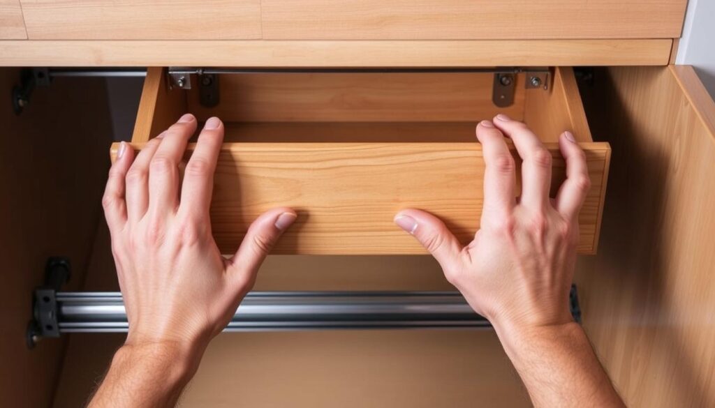 A well-lit, close-up view of a person's hands carefully removing a wooden drawer from its metal track guides. The drawer slides out smoothly, revealing the mechanism underneath - metal rails, rollers, and mounting brackets. The hands are positioned to showcase the proper technique, with fingers gripping the sides of the drawer and thumbs pressing against the front edge. The background is clean and uncluttered, allowing the drawer removal process to be the focal point. The overall mood is instructive and informative, conveying the steps involved in this common household task in a visually clear and engaging manner.