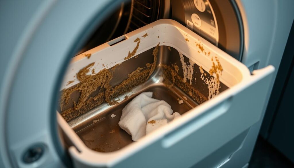 A well-lit, close-up view of a washing machine's detergent drawer being pulled out, revealing a buildup of limescale, mold, and residue. The drawer is framed against a backdrop of the machine's interior, with a soft, diffused lighting that highlights the details. The scene conveys the importance of regular cleaning to maintain the appliance's efficiency and hygiene, aligning with the article's focus on the significance of thorough washing machine maintenance. A well-lit, close-up view of a washing machine's detergent drawer being pulled out, revealing a buildup of limescale, mold, and residue. The drawer is framed against a backdrop of the machine's interior, with a soft, diffused lighting that highlights the details. The scene conveys the importance of regular cleaning to maintain the appliance's efficiency and hygiene, aligning with the article's focus on the significance of thorough washing machine maintenance.