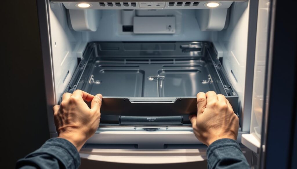 A well-lit, close-up view of the disassembly process for removing the front panel of a Samsung refrigerator drawer. The scene shows the drawer pulled out, with the user's hands carefully unclipping the plastic front panel, revealing the internal metal frame and mechanisms. The lighting is bright and directional, accentuating the textures and details. The composition emphasizes the steps involved, with a sense of safety and precision. The mood is one of focused attention, highlighting the importance of following proper procedures to avoid damage during the repair. A well-lit, close-up view of the disassembly process for removing the front panel of a Samsung refrigerator drawer. The scene shows the drawer pulled out, with the user's hands carefully unclipping the plastic front panel, revealing the internal metal frame and mechanisms. The lighting is bright and directional, accentuating the textures and details. The composition emphasizes the steps involved, with a sense of safety and precision. The mood is one of focused attention, highlighting the importance of following proper procedures to avoid damage during the repair.