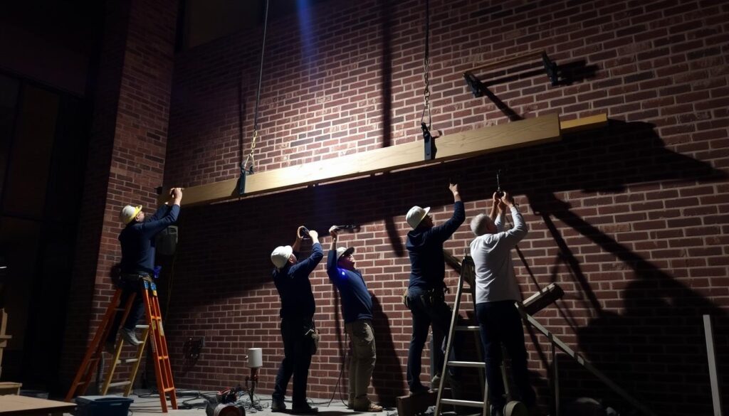A well-lit construction site, with a brick facade in the background. In the foreground, a crew carefully lifts and positions a sturdy wooden beam against the wall, using specialized tools and rigging. The middle ground showcases the various steps of the installation process, from securing the brackets to aligning the beam precisely. Soft, directional lighting illuminates the scene, casting subtle shadows that accentuate the textures and details of the materials. The overall mood is one of focused, professional execution, capturing the technical expertise required for this critical stage of the facade installation. A well-lit construction site, with a brick facade in the background. In the foreground, a crew carefully lifts and positions a sturdy wooden beam against the wall, using specialized tools and rigging. The middle ground showcases the various steps of the installation process, from securing the brackets to aligning the beam precisely. Soft, directional lighting illuminates the scene, casting subtle shadows that accentuate the textures and details of the materials. The overall mood is one of focused, professional execution, capturing the technical expertise required for this critical stage of the facade installation.