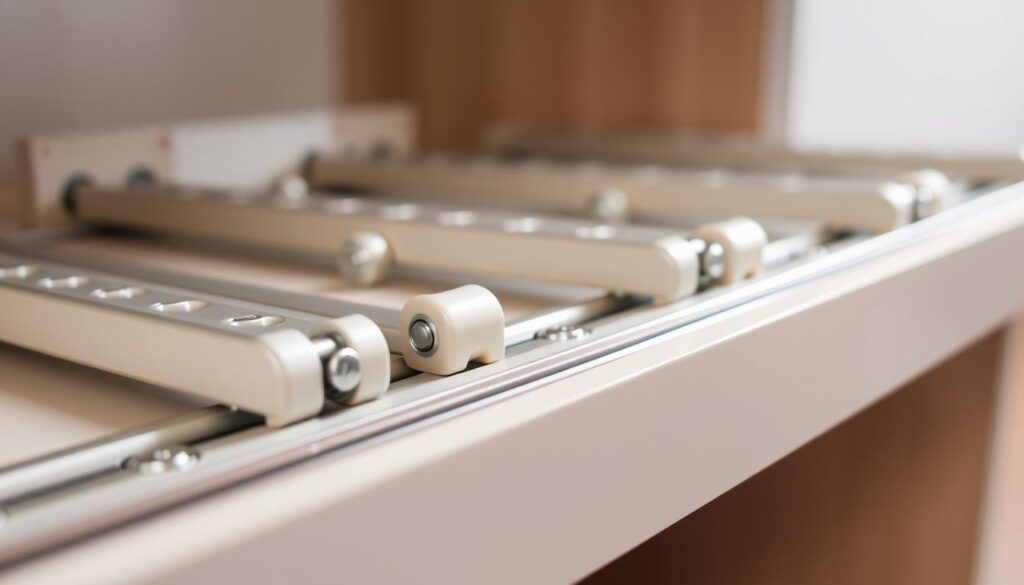 A well-lit, detailed closeup photograph of a set of ball-bearing drawer slides, also known as "prowadnice kulkowe". The slides are shown in a neutral, off-white color with a smooth, metallic finish. The foreground features the intricate mechanisms and rollers of the slides, captured at a shallow depth of field to highlight their technical precision. The middle ground shows the full assembly, including the mounting brackets and attachment points. The background is softly blurred to maintain focus on the main subject. The image conveys a sense of functional elegance, suitable for illustrating the "Rodzaje prowadnic do szuflad" section of an instructional article on drawer installation.