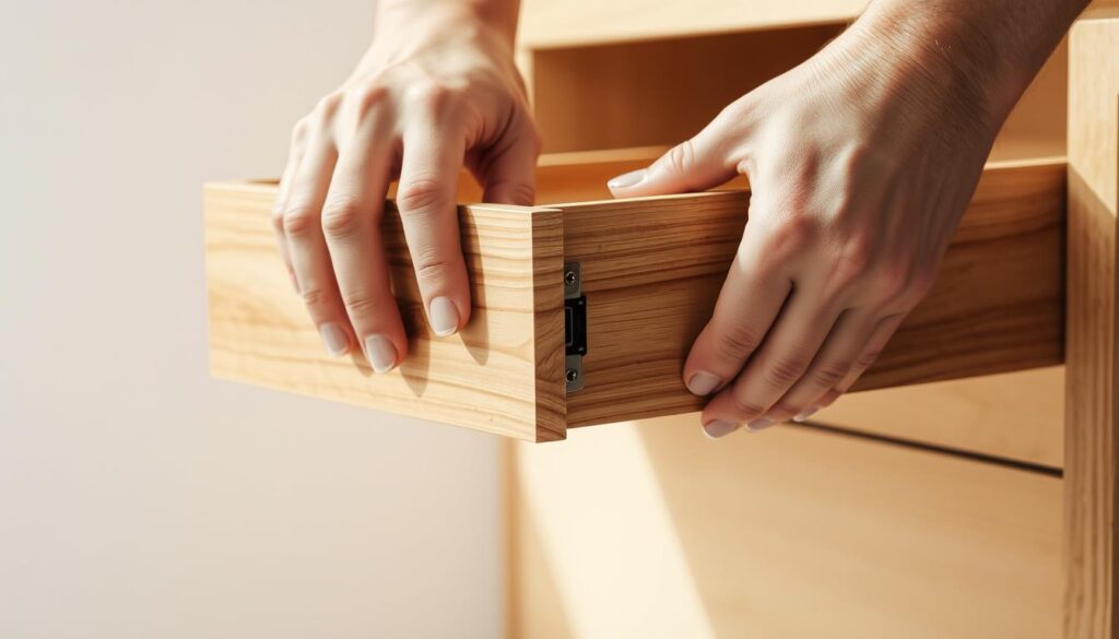 A well-lit, detailed image of a person's hands carefully grasping the edge of a wooden drawer, in the process of pulling it out from its metal drawer slide. The drawer is shown partially extended, revealing the inner mechanics of the slide mechanism. The image has a clean, minimal background, allowing the action to be the focus. The lighting is soft and natural, casting gentle shadows that accentuate the textures and details of the materials. The composition is balanced, with the drawer positioned centrally and the hands guiding the viewer's eye towards the key action. The overall mood is one of focused attention and precise, methodical movement.