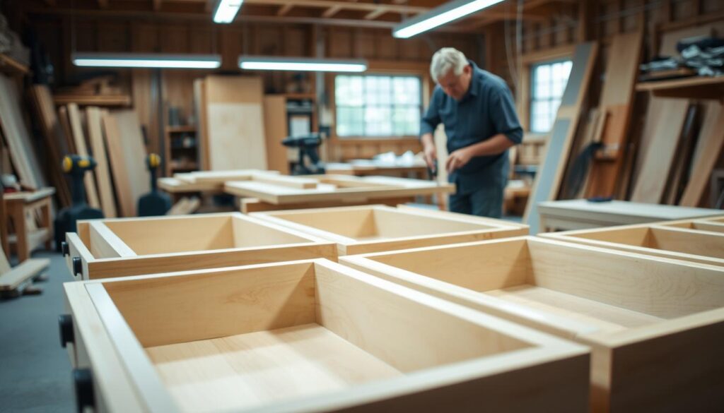 A well-lit, detailed interior scene showcasing the process of building drawers in cabinet bases. In the foreground, a set of freshly constructed drawers with smooth, clean lines and custom hardware. In the middle ground, a craftsperson carefully measuring and cutting wood pieces for the drawer frames. The background reveals a workshop environment with power tools, lumber, and other woodworking equipment. Soft, warm lighting illuminates the scene, highlighting the textures of the wood and the intricate joinery techniques. The overall mood is one of focused, meticulous craftsmanship.