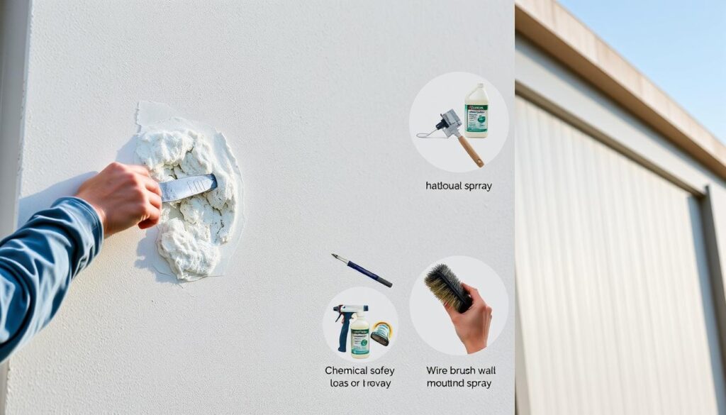 A well-lit exterior wall showcases the careful removal of hardened construction foam. In the foreground, a worker gently scrapes away the foam with a putty knife, revealing the underlying surface. The middle ground depicts various tools and solutions used to dissolve and loosen the stubborn material, including a chemical solvent spray and a wire brush. The background depicts the finished, clean wall, highlighting the effectiveness of the expert techniques. The overall scene conveys a sense of professionalism and attention to detail in safely and effectively removing the mounting foam from the building's facade.