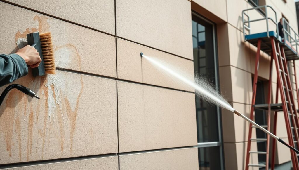 A well-lit exterior wall with a variety of effective cleaning methods prominently displayed. In the foreground, a worker carefully scrubbing a section of the wall with a stiff-bristled brush, removing stubborn stains. In the middle ground, a pressure washer jet streams across the surface, blasting away dirt and grime. In the background, scaffolding and ladders suggest comprehensive access to the entire facade. The lighting is natural and even, highlighting the textures of the wall materials. The overall scene conveys a sense of diligence and efficacy in restoring the building's pristine appearance. A well-lit exterior wall with a variety of effective cleaning methods prominently displayed. In the foreground, a worker carefully scrubbing a section of the wall with a stiff-bristled brush, removing stubborn stains. In the middle ground, a pressure washer jet streams across the surface, blasting away dirt and grime. In the background, scaffolding and ladders suggest comprehensive access to the entire facade. The lighting is natural and even, highlighting the textures of the wall materials. The overall scene conveys a sense of diligence and efficacy in restoring the building's pristine appearance.