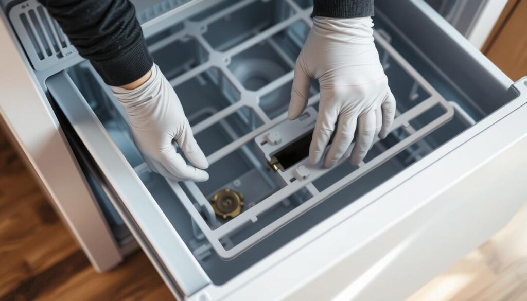 A well-lit, high-angle photograph of a person's hands carefully removing the front panel of a freezer drawer. The hands are wearing protective gloves, and the freezer drawer is open, revealing its inner mechanism. The background is blurred, placing the focus on the safe, delicate process of disassembling the drawer front. The lighting is soft and natural, creating a calm, instructional atmosphere. The angle and composition emphasize the importance of taking proper safety precautions when performing this task.