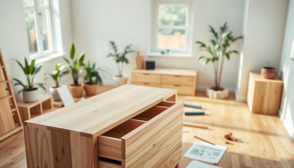 A well-lit, high-angle view of a modern, minimalist wooden dresser or chest of drawers in a bright, airy room. The foreground showcases the dresser's clean lines, smooth drawers, and solid construction, while the middle ground depicts the assembly process, with tools and instructions scattered around. The background features a warm, natural-looking environment, with potted plants, a large window, and soft, diffused lighting, creating a serene and inviting atmosphere.