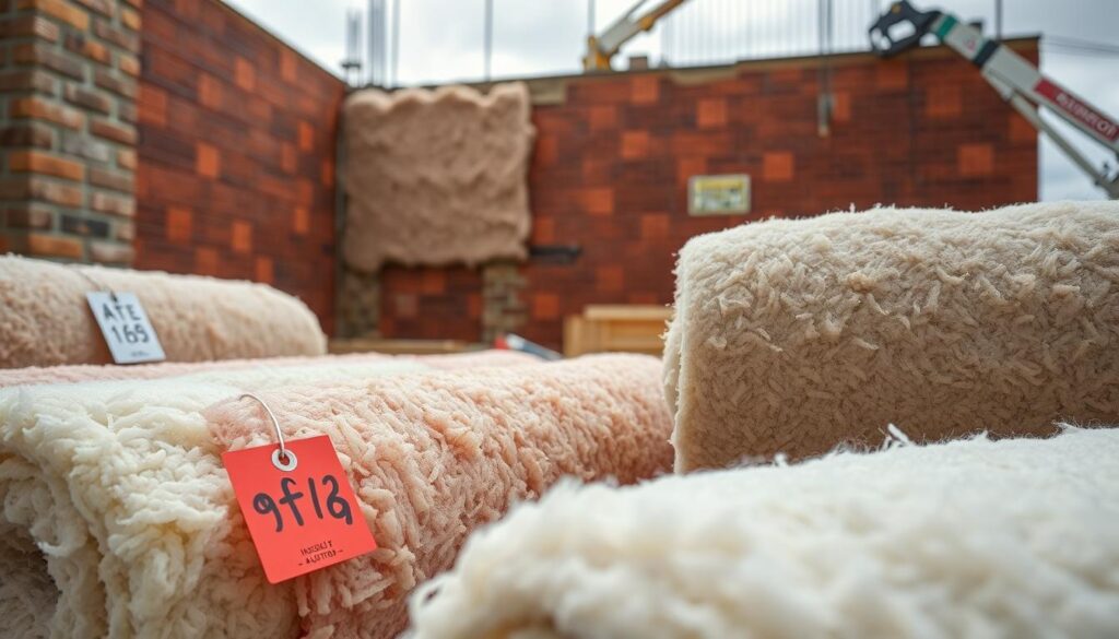 A well-lit, high-resolution photograph of various insulation materials and price tags displayed on a construction site. The foreground features rolls of dense, fluffy wool insulation in different colors, with price tags clearly visible. The middle ground shows the textured surface of a brick or concrete wall, hinting at the insulation's intended application. The background captures the bright, overcast sky and the surrounding construction equipment, conveying a sense of a professional, working environment. The overall mood is one of informative clarity, with a focus on the key details needed to understand the pricing and characteristics of the wool insulation for exterior wall applications.