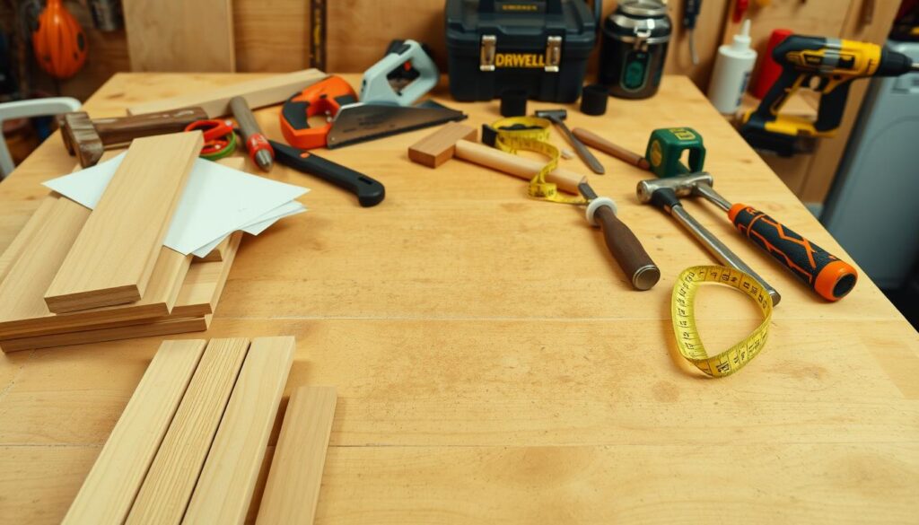 A well-lit, wooden workbench with various carpentry tools and materials arranged neatly. In the foreground, a selection of wooden boards, sandpaper, wood glue, and a measuring tape. In the middle ground, a hand saw, a hammer, and a chisel. In the background, a toolbox, a power drill, and a few other essential woodworking supplies. The scene conveys a sense of organization and preparedness for a DIY project, such as building a drawer from scratch.