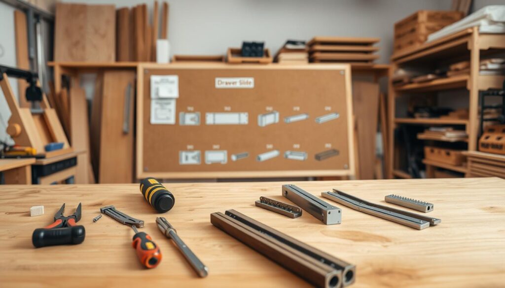 A well-lit workshop interior with a detailed wooden workbench in the foreground. On the bench, various hand tools and hardware components are neatly arranged, including screwdrivers, pliers, and drawer slides. In the middle ground, a set of step-by-step assembly diagrams is displayed on a corkboard, illustrating the process of installing drawer slides. The background features shelves stocked with building materials and DIY supplies, creating a organized, professional atmosphere suitable for a how-to tutorial on drawer slide installation.