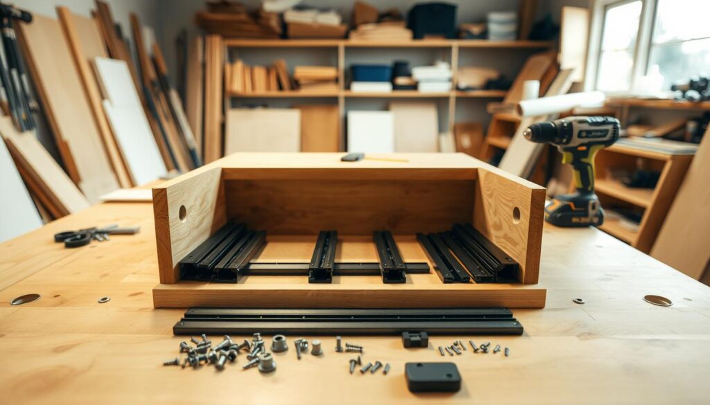 A well-lit workshop interior, with a wooden workbench in the foreground. On the surface, an array of tools and hardware components, including a set of drawer slides, screws, and a power drill. In the middle ground, a partially assembled drawer frame, its components laid out in an organized fashion. The background features shelves stocked with various materials and supplies, creating a sense of a functional, well-equipped workspace. The overall atmosphere is one of precision, focus, and the anticipation of completing a DIY project.
