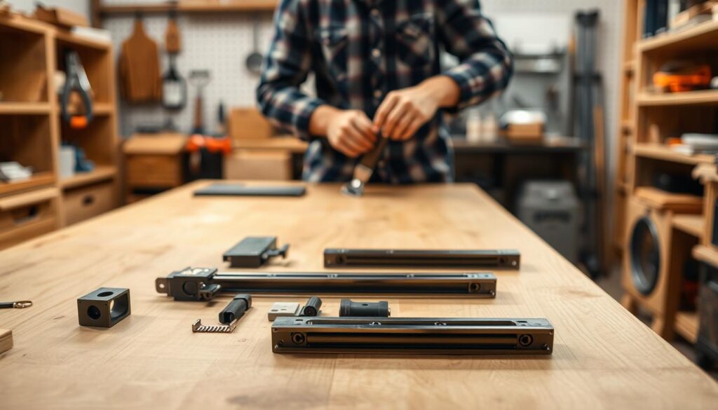 A well-lit workshop scene, with a wooden workbench in the foreground. On the bench, a set of roller drawer slides is displayed, with the components arranged neatly. In the middle ground, a person's hands are carefully installing the slides, demonstrating the installation process. The background features shelves stocked with tools and materials, creating a professional, DIY-friendly atmosphere. The lighting is soft and diffused, creating a warm, inviting ambiance that accentuates the intricate details of the roller slides and the precision of the installation. The overall composition conveys a sense of instruction and guidance, perfectly suited for illustrating the "Montaż prowadnic rolkowych" section of the DIY article. A well-lit workshop scene, with a wooden workbench in the foreground. On the bench, a set of roller drawer slides is displayed, with the components arranged neatly. In the middle ground, a person's hands are carefully installing the slides, demonstrating the installation process. The background features shelves stocked with tools and materials, creating a professional, DIY-friendly atmosphere. The lighting is soft and diffused, creating a warm, inviting ambiance that accentuates the intricate details of the roller slides and the precision of the installation. The overall composition conveys a sense of instruction and guidance, perfectly suited for illustrating the "Montaż prowadnic rolkowych" section of the DIY article.