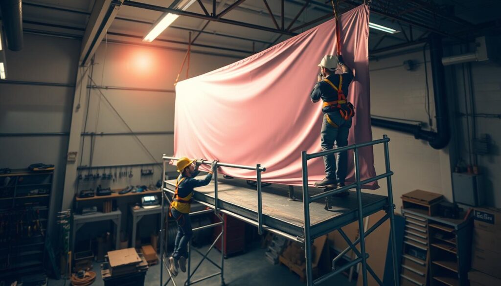 A well-lit workshop setting, with workers securely assembling a large banner on a sturdy scaffold. Attention to safety gear, such as harnesses and hard hats, is evident. In the background, tools and equipment are neatly organized, conveying a sense of professionalism and care. The lighting is soft and diffused, creating a warm, inviting atmosphere. The camera angle is slightly elevated, providing a bird's-eye view of the scene, emphasizing the scale and complexity of the banner installation process. The overall mood is one of diligence, caution, and a commitment to best practices in banner mounting. A well-lit workshop setting, with workers securely assembling a large banner on a sturdy scaffold. Attention to safety gear, such as harnesses and hard hats, is evident. In the background, tools and equipment are neatly organized, conveying a sense of professionalism and care. The lighting is soft and diffused, creating a warm, inviting atmosphere. The camera angle is slightly elevated, providing a bird's-eye view of the scene, emphasizing the scale and complexity of the banner installation process. The overall mood is one of diligence, caution, and a commitment to best practices in banner mounting.