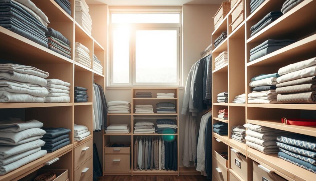 A well-organized closet with neatly folded clothes and clearly labeled storage compartments. Bright natural lighting streams in through a large window, casting a warm glow across the scene. Carefully placed shelves and drawers maximize the available space, creating an efficient and visually appealing storage solution. The shelves display a variety of folded garments, from crisp shirts to neatly stacked trousers. Accessories like belts and scarves are tucked away in labeled bins, keeping the overall aesthetic clean and clutter-free. The camera angle provides a wide, comprehensive view of the entire closet, showcasing the meticulous organization and attention to detail.