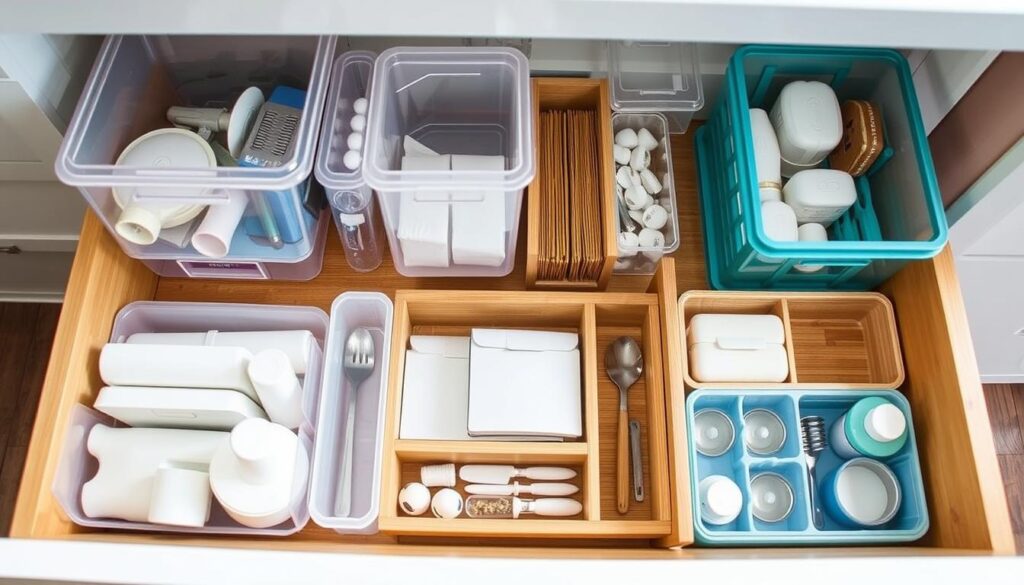 A well-organized kitchen drawer filled with various storage accessories, including clear plastic bins, adjustable dividers, bamboo organizers, and specialized trays for small items. The scene is brightly lit from above, creating a clean, inviting atmosphere that showcases the efficient use of space and the practical solutions for keeping the drawer tidy and clutter-free. The camera angle is slightly elevated, allowing for a comprehensive view of the neatly arranged contents, inspiring the viewer to consider similar organizational strategies for their own kitchen drawers. A well-organized kitchen drawer filled with various storage accessories, including clear plastic bins, adjustable dividers, bamboo organizers, and specialized trays for small items. The scene is brightly lit from above, creating a clean, inviting atmosphere that showcases the efficient use of space and the practical solutions for keeping the drawer tidy and clutter-free. The camera angle is slightly elevated, allowing for a comprehensive view of the neatly arranged contents, inspiring the viewer to consider similar organizational strategies for their own kitchen drawers.