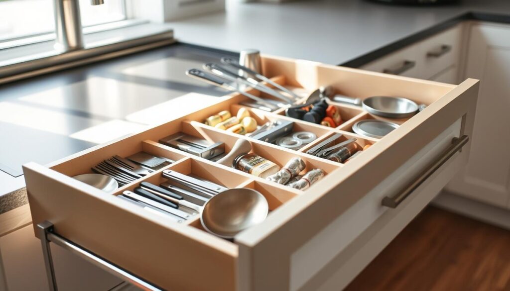 A well-organized kitchen drawer, illuminated by soft natural light, showcases an array of meticulously arranged utensils, spices, and cooking essentials. The drawer's interior is divided into distinct compartments, each tailored to accommodate specific items, creating a visually pleasing and efficient storage solution. Sleek, modern drawer pulls and a minimalist design aesthetic convey a sense of sophistication and intentionality. The image captures the benefits of drawer organization, highlighting how it can transform a cluttered kitchen into a harmonious, functional space that streamlines meal preparation and enhances the overall cooking experience. A well-organized kitchen drawer, illuminated by soft natural light, showcases an array of meticulously arranged utensils, spices, and cooking essentials. The drawer's interior is divided into distinct compartments, each tailored to accommodate specific items, creating a visually pleasing and efficient storage solution. Sleek, modern drawer pulls and a minimalist design aesthetic convey a sense of sophistication and intentionality. The image captures the benefits of drawer organization, highlighting how it can transform a cluttered kitchen into a harmonious, functional space that streamlines meal preparation and enhances the overall cooking experience.
