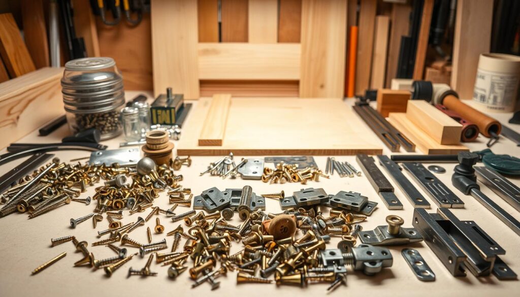 A well-organized workbench displaying an assortment of woodworking materials and tools, lit by a warm, focused light. In the foreground, an array of screws, nails, hinges, and drawer slides in various sizes and finishes, neatly arranged on a clean surface. In the middle ground, a selection of wood panels, dowels, and hardware components, suggesting the construction of a sturdy, functional drawer. The background features a backdrop of neutral tones, allowing the essential elements to take center stage. The overall composition conveys a sense of thoughtful preparation and attention to detail, perfectly suited for the "Wybór elementów konstrukcyjnych" section of the article.