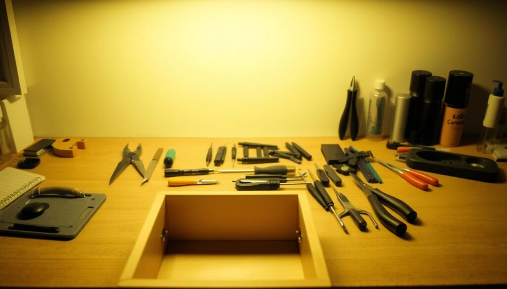 A well-organized workbench with carefully arranged tools and equipment, illuminated by a soft, warm light that casts gentle shadows. In the foreground, a drawer or cabinet door lies open, hinting at the disassembly process to come. The middle ground features a set of precision screwdrivers, pliers, and other specialized tools, neatly organized and ready for the task. The background showcases a clean, minimalist space, creating a sense of focus and attention to detail. The overall atmosphere conveys a methodical, thoughtful approach to the delicate disassembly, setting the stage for the step-by-step guide to follow. A well-organized workbench with carefully arranged tools and equipment, illuminated by a soft, warm light that casts gentle shadows. In the foreground, a drawer or cabinet door lies open, hinting at the disassembly process to come. The middle ground features a set of precision screwdrivers, pliers, and other specialized tools, neatly organized and ready for the task. The background showcases a clean, minimalist space, creating a sense of focus and attention to detail. The overall atmosphere conveys a methodical, thoughtful approach to the delicate disassembly, setting the stage for the step-by-step guide to follow.