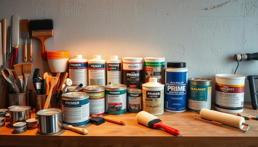 A well-stocked workbench displays an array of materials for priming exterior walls. In the foreground, an assortment of paint cans, brushes, and rollers sit ready for application. The middle ground showcases various primer and sealant products, their labels clearly visible, inviting the viewer to consider their properties and intended uses. In the background, a partially painted wall texture provides a realistic context, hinting at the end result of a diligently prepared surface. Warm, diffused lighting illuminates the scene, creating a sense of professionalism and attention to detail. This prompt aims to visually capture the essential tools and materials needed for properly priming a building's exterior, supporting the informative text on the topic.