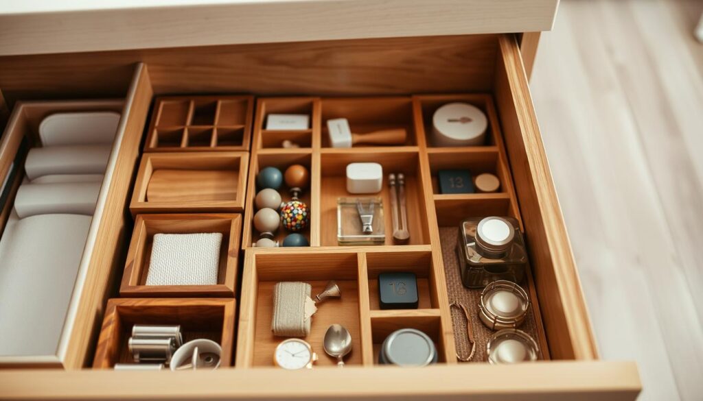 A wooden drawer interior with various decorative elements. In the foreground, a collection of neatly organized drawer organizers, trays, and dividers in warm, natural tones. The middle ground showcases carefully curated knick-knacks, small decorative items, and personal mementos arranged artfully within the drawer space. The background features the smooth, clean lines of the drawer casing, subtly highlighting the craftsmanship and attention to detail. Soft, diffused lighting from above casts a gentle glow, creating a cozy, inviting atmosphere. The overall composition emphasizes the customization and personalization of the drawer's interior, reflecting the homeowner's unique style and preferences.