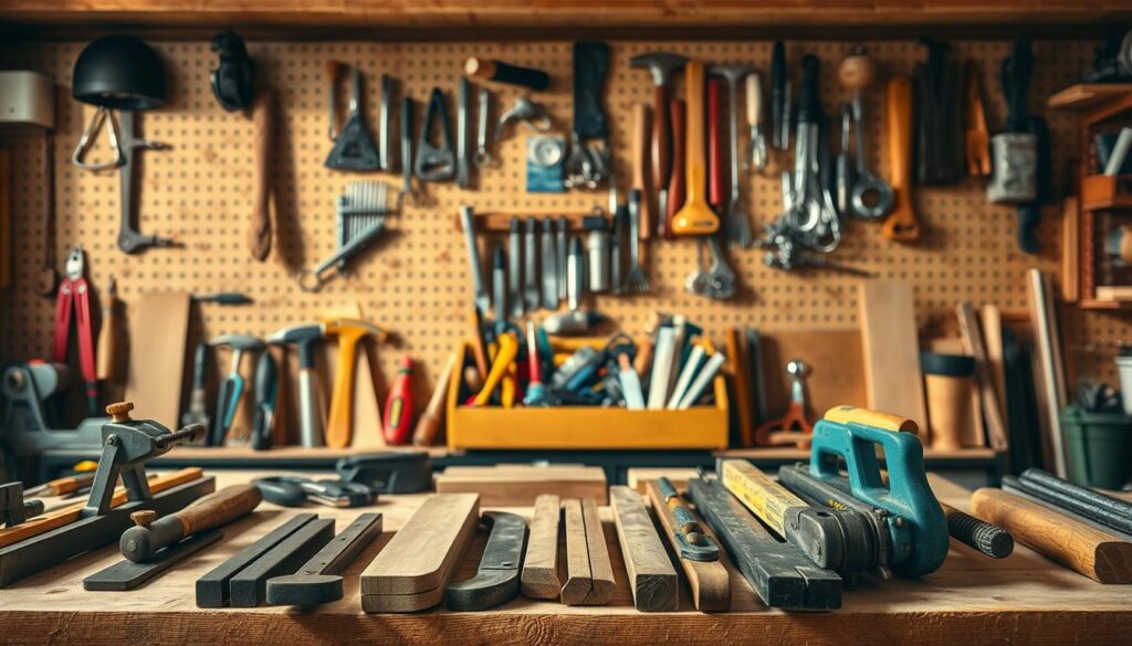 A workshop interior with various woodworking tools and materials on a workbench. In the foreground, a collection of clamps, saws, and chisels are neatly arranged. In the middle ground, a set of screwdrivers, hammers, and nails are organized in a toolbox. The background features a pegboard with a variety of hooks and hangers, creating a sense of order and efficiency. Warm, natural lighting illuminates the scene, casting subtle shadows and highlighting the textures of the wood and metal. The overall atmosphere conveys a sense of craftsmanship, precision, and the satisfaction of a well-equipped DIY workspace.