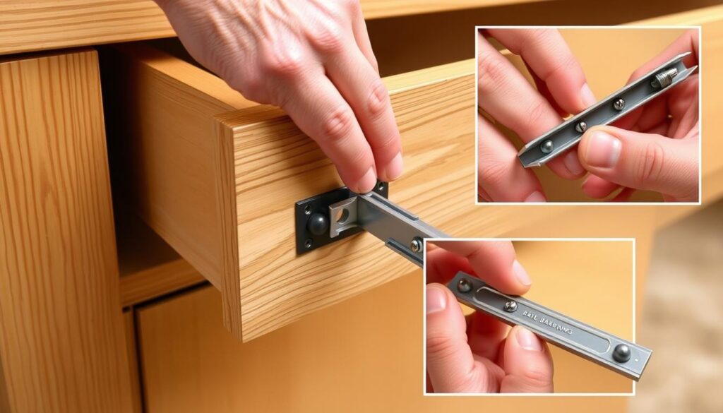 Detailed image of a person's hands installing a ball-bearing drawer slide into a wooden drawer. The slide is mounted on the drawer side, with close-up views of the hardware components and the installation process. The scene is well-lit, with a neutral background that allows the focus to remain on the task at hand. The overall mood is one of instructional clarity, highlighting the step-by-step mechanics of this home improvement task. Detailed image of a person's hands installing a ball-bearing drawer slide into a wooden drawer. The slide is mounted on the drawer side, with close-up views of the hardware components and the installation process. The scene is well-lit, with a neutral background that allows the focus to remain on the task at hand. The overall mood is one of instructional clarity, highlighting the step-by-step mechanics of this home improvement task.