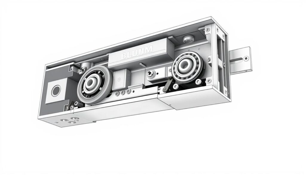 Detailed mechanical diagram of Blum drawer slide mechanism, showcasing its internal components and construction. Crisp, technical rendering with clean lines and muted colors, highlighting the precision engineering. Displayed against a plain white background to emphasize the subject. Carefully angled to reveal the complex yet elegant assembly, including the ball-bearing glides, mounting brackets, and sliding rails. Bright, even lighting illuminates the intricate details, conveying a sense of sophistication and functionality. The overall composition strikes a balance between technical precision and visual appeal, suitable for illustrating an article on Blum drawer slides.