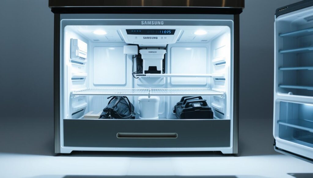 Detailed step-by-step disassembly guide for removing the refrigerator drawer in a Samsung appliance. Bright studio lighting illuminates the inner workings and components of the drawer, showcasing its mechanics and construction with precision. The camera captures the process from a mid-level angle, allowing for a clear, unobstructed view. The scene exudes a sense of technical expertise and instructional clarity, designed to educate and guide the viewer through the proper dismantling procedure.