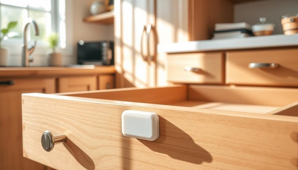 High-resolution, detailed image of various homemade methods for securing drawers and cabinets to prevent access by children. A focal point in the foreground shows a drawer with a child safety lock installed, with various other drawer-securing devices like magnetic locks, adhesive safety latches, and sliding cabinet locks visible in the middle and background. The scene is well-lit, with natural lighting from a window casting soft shadows, creating a warm, inviting atmosphere. The overall composition highlights the practical, family-friendly nature of these homemade child safety solutions.