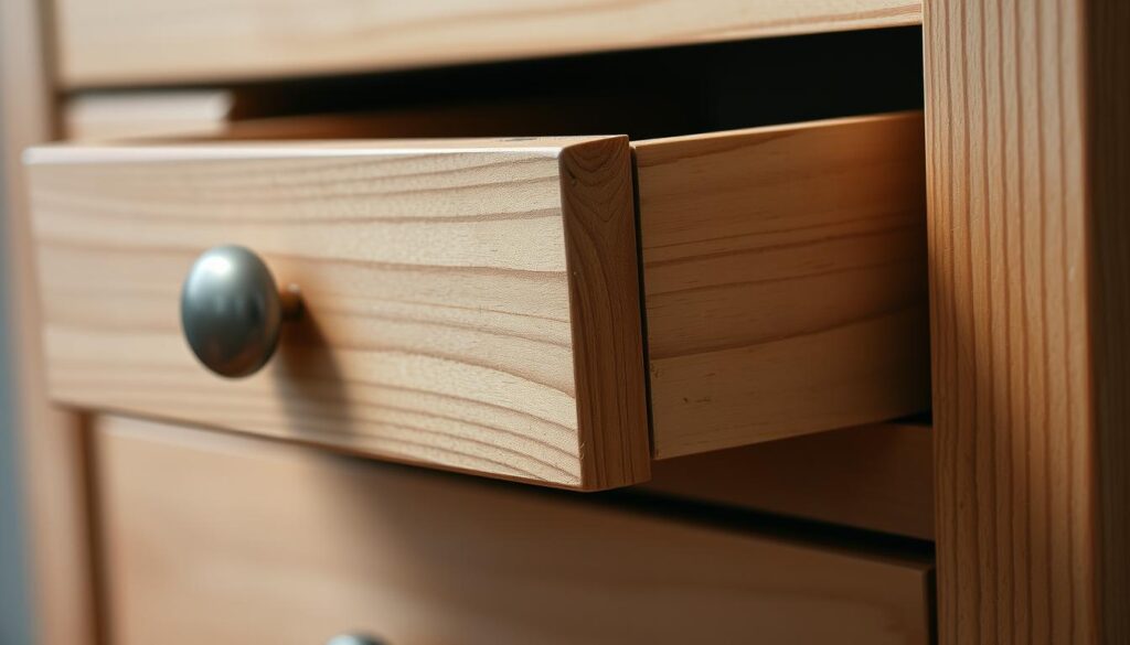Prompt A closeup view of a stuck drawer, its front panel jammed and blocked, creating a frustrated, immobilized scene. The drawer is made of light-colored wood, with a slightly worn and weathered appearance. The front panel is slightly tilted, indicating the difficulty in pulling it open. The background is slightly blurred, placing the focus on the drawer itself, illuminated by soft, directional lighting that casts subtle shadows, emphasizing the textural details. The overall mood is one of mild irritation and a need for resolution, reflecting the challenges of a stuck drawer.