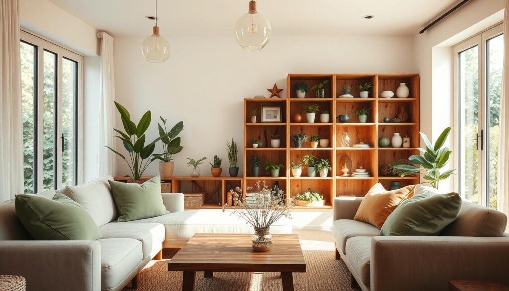 A cozy, sunlit living room with earthy, natural tones and textures. The foreground features a large, comfortable sofa upholstered in organic linen, accented with plush throw pillows in muted greens and ochres. A low, wooden coffee table sits before it, adorned with a simple vase of wildflowers. The middle ground showcases a freestanding bookshelf made of reclaimed wood, housing an array of potted plants and eco-friendly decor pieces. In the background, floor-to-ceiling windows let in warm, diffused light, overlooking a lush, verdant garden outside. Minimalist, Scandinavian-inspired lighting fixtures hang from the ceiling, casting a soft, ambient glow. The overall mood is one of tranquility, comfort, and environmental consciousness.