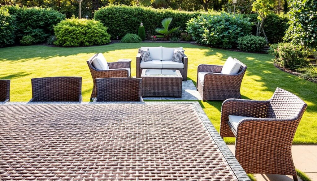 A lush garden scene with sturdy, weather-resistant outdoor furniture. In the foreground, a large, rectangular table and chairs made of heavy-duty wicker, their intricate weave patterns casting intricate shadows. In the middle ground, a set of loveseat and armchairs in a similar style, arranged around a low coffee table. The background features a well-manicured lawn and flourishing shrubs, with the warm glow of the sun filtering through the leaves. The overall atmosphere is one of comfort, relaxation, and enduring quality, perfectly suited for any outdoor living space.