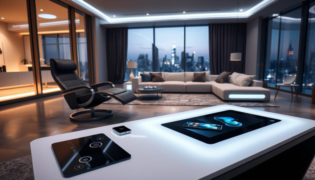 A modern, sleek living room with intelligent, connected furniture. In the foreground, a high-tech coffee table with an integrated touchscreen display and wireless charging pads. Beside it, an adjustable, motorized recliner chair that can be controlled via a smartphone app. In the middle ground, a modular sofa with built-in speakers and lighting controls. The background features floor-to-ceiling windows overlooking a city skyline, illuminated by a combination of natural and smart ambient lighting. The overall atmosphere is one of sophistication, convenience, and seamless integration of technology into the home environment.