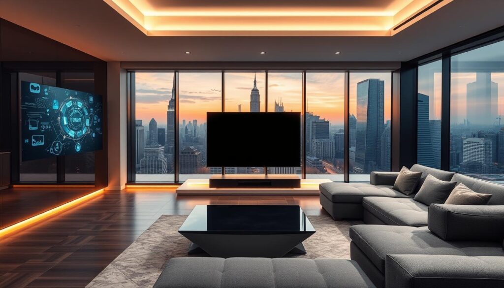 A sleek, modern interior featuring cutting-edge technology seamlessly integrated into the design. In the foreground, a minimalist, floating television panel hovers above a low, angular coffee table, its surface a smooth, reflective black. Recessed lighting casts a warm, ambient glow, while behind the table, a futuristic, backlit wall display showcases a mesmerizing array of dynamic visuals. The middle ground features a modular, L-shaped sofa upholstered in a muted, high-tech fabric, with accent pillows that emit a soft, ambient light. In the background, floor-to-ceiling windows offer a panoramic view of a bustling, tech-savvy cityscape, the skyscrapers gleaming under the golden hour sunlight. The overall atmosphere is one of sleek sophistication, seamlessly blending cutting-edge technology with contemporary interior design.