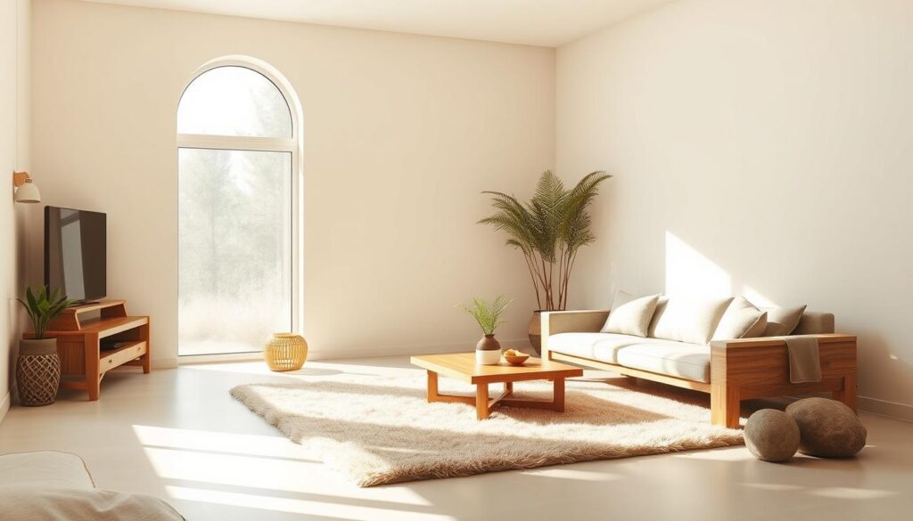 Ecologically-conscious furniture in a sun-drenched, minimalist living room. Sleek, organic shapes in natural materials like bamboo, rattan, and stone. Soft, earthy tones create a calming, nature-inspired ambiance. A large, floor-to-ceiling window allows ample natural light to filter in, casting gentle shadows and highlighting the textures of the sustainable furnishings. A plush, plant-filled area rug grounds the space, while a modern, modular sofa and a low, wooden coffee table complete the serene, harmonious scene. The overall impression is one of sophisticated, eco-friendly design that seamlessly blends with the surrounding environment.