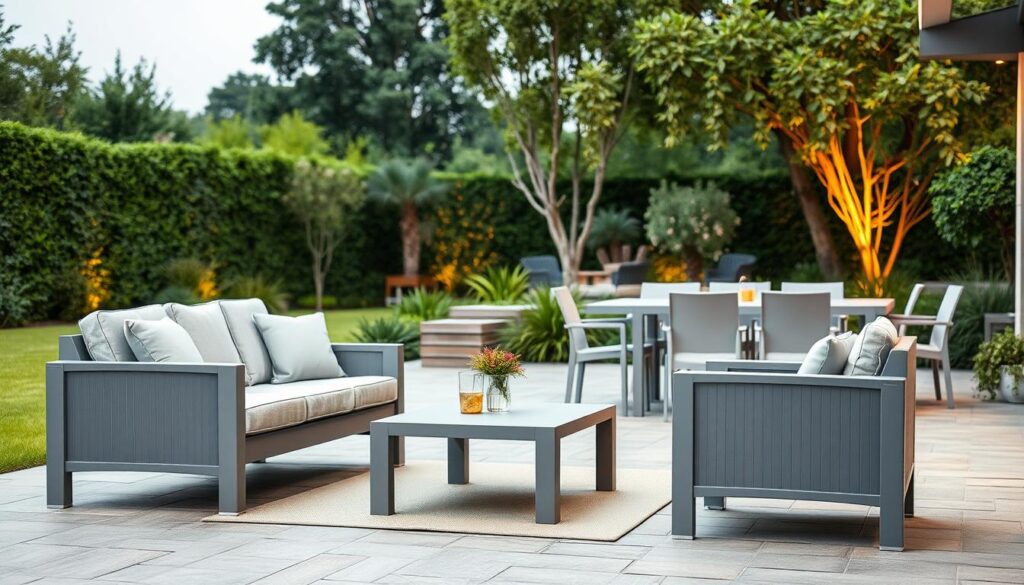 Outdoor plastic furniture, sleek and modern design. Stylish patio set in the foreground, featuring a loveseat, armchair, and coffee table made of durable, weatherproof synthetic materials. Middle ground showcases a matching dining table and chairs, perfect for alfresco meals. In the background, lush greenery and a tranquil garden setting, illuminated by warm, natural lighting. Crisp, clean lines and a minimalist aesthetic convey a sense of contemporary elegance and low-maintenance resilience, ideal for creating a comfortable and inviting outdoor living space.
