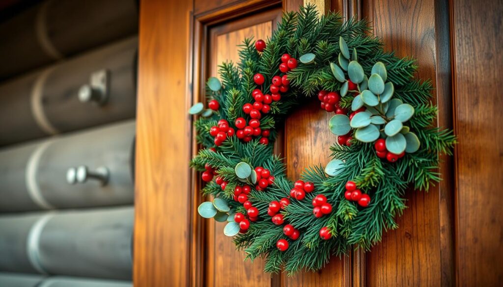 A beautiful, handcrafted wreath made of fresh greenery, nestled on a rustic wooden door. The wreath is composed of lush pine branches, vibrant red berries, and delicate eucalyptus leaves, arranged in a harmonious, visually striking pattern. The lighting is soft and warm, casting a cozy, inviting glow on the scene. The camera angle captures the wreath in a close-up, showcasing the intricate details and textures of the natural materials. The overall mood is one of serene, homely charm, inviting the viewer to imagine the process of creating this lovely decoration step-by-step. A beautiful, handcrafted wreath made of fresh greenery, nestled on a rustic wooden door. The wreath is composed of lush pine branches, vibrant red berries, and delicate eucalyptus leaves, arranged in a harmonious, visually striking pattern. The lighting is soft and warm, casting a cozy, inviting glow on the scene. The camera angle captures the wreath in a close-up, showcasing the intricate details and textures of the natural materials. The overall mood is one of serene, homely charm, inviting the viewer to imagine the process of creating this lovely decoration step-by-step.